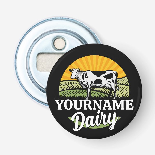 ADD NAME Sunset Dairy Farm Grazing Holstein Cow Bottle Opener (Front)