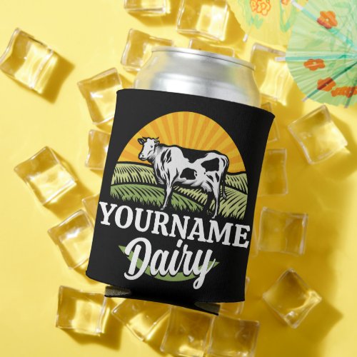 ADD NAME Sunset Dairy Farm Grazing Holstein Cow Can Cooler