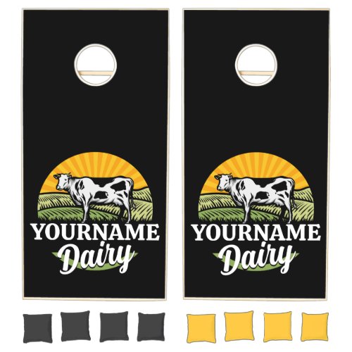 ADD NAME Sunset Dairy Farm Grazing Holstein Cow Cornhole Set