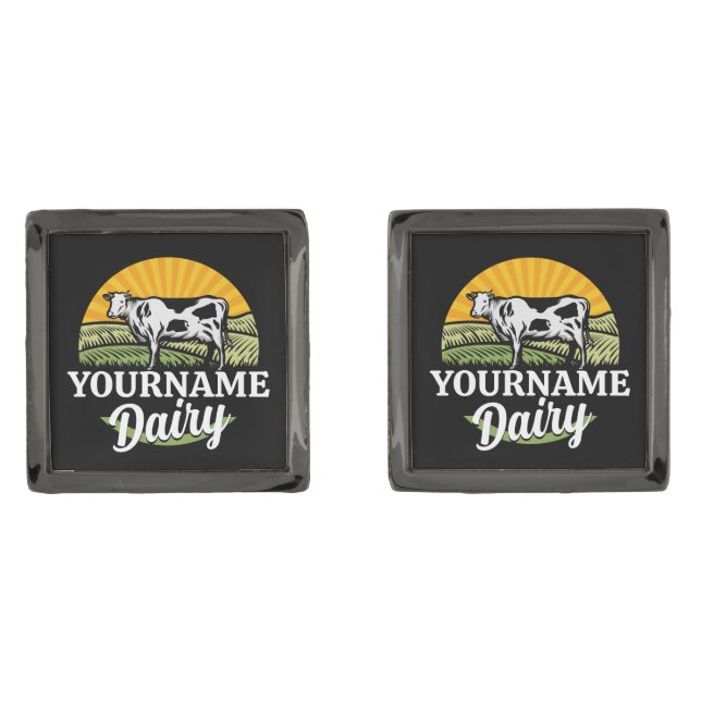 ADD NAME Sunset Dairy Farm Grazing Holstein Cow Cufflinks (Front)