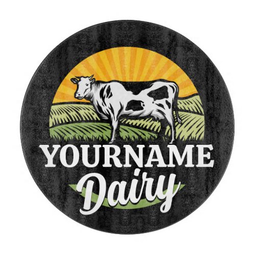 ADD NAME Sunset Dairy Farm Grazing Holstein Cow Cutting Board