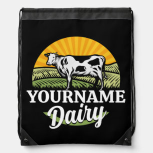 ADD NAME Sunset Dairy Farm Grazing Holstein Cow Drawstring Bag