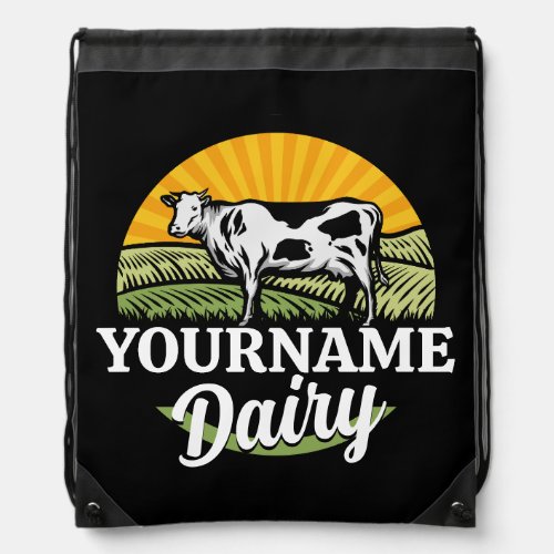 ADD NAME Sunset Dairy Farm Grazing Holstein Cow Drawstring Bag