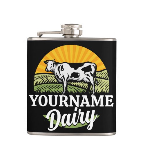 ADD NAME Sunset Dairy Farm Grazing Holstein Cow Flask