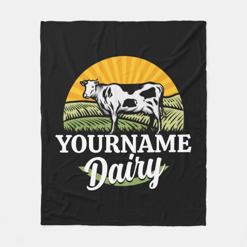 ADD NAME Sunset Dairy Farm Grazing Holstein Cow Fleece Blanket