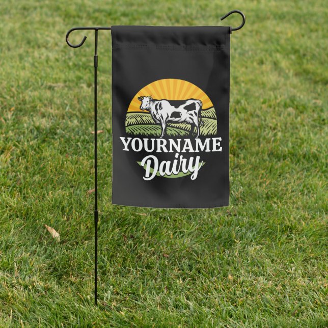 ADD NAME Sunset Dairy Farm Grazing Holstein Cow Garden Flag (In SItu)