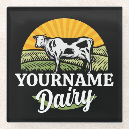 ADD NAME Sunset Dairy Farm Grazing Holstein Cow Glass Coaster