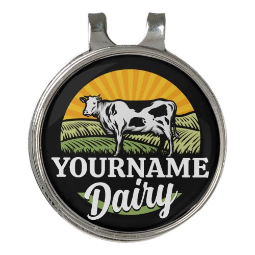 ADD NAME Sunset Dairy Farm Grazing Holstein Cow Golf Hat Clip