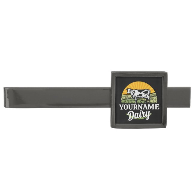 ADD NAME Sunset Dairy Farm Grazing Holstein Cow Gunmetal Finish Tie Bar (Front)