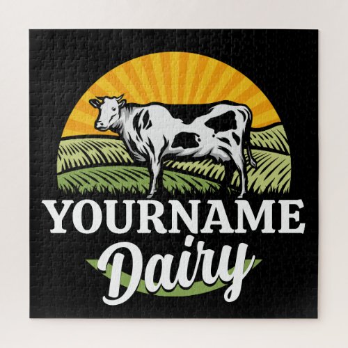 ADD NAME Sunset Dairy Farm Grazing Holstein Cow Jigsaw Puzzle