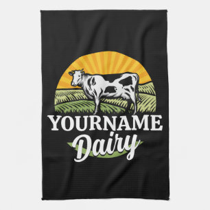 ADD NAME Sunset Dairy Farm Grazing Holstein Cow Kitchen Towel