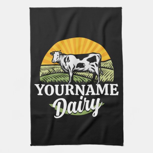 ADD NAME Sunset Dairy Farm Grazing Holstein Cow Kitchen Towel