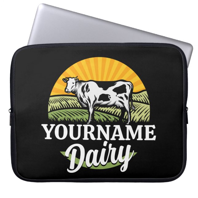 ADD NAME Sunset Dairy Farm Grazing Holstein Cow Laptop Sleeve (Front)