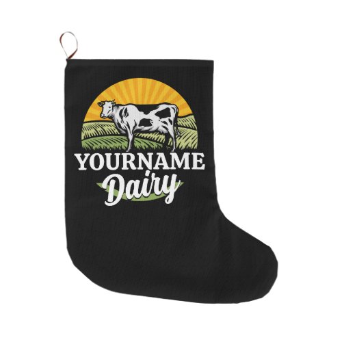 ADD NAME Sunset Dairy Farm Grazing Holstein Cow Large Christmas Stocking