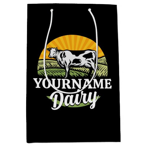 ADD NAME Sunset Dairy Farm Grazing Holstein Cow Medium Gift Bag