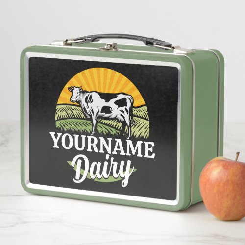 ADD NAME Sunset Dairy Farm Grazing Holstein Cow Metal Lunch Box
