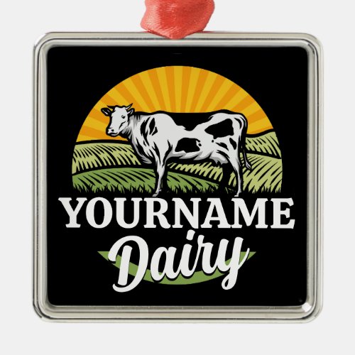 ADD NAME Sunset Dairy Farm Grazing Holstein Cow Metal Ornament