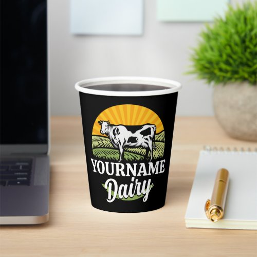ADD NAME Sunset Dairy Farm Grazing Holstein Cow Paper Cups