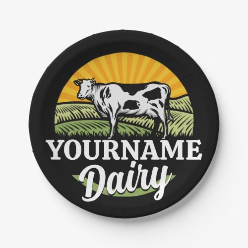 ADD NAME Sunset Dairy Farm Grazing Holstein Cow Paper Plates