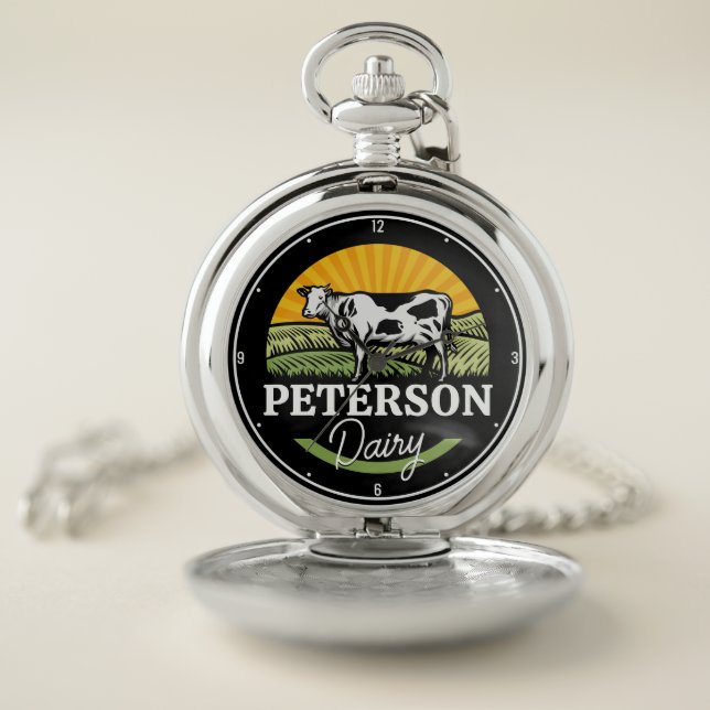 ADD NAME Sunset Dairy Farm Grazing Holstein Cow Pocket Watch (Inside)