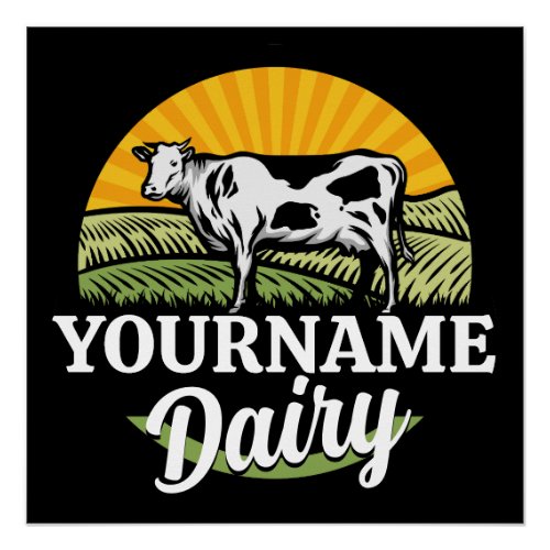 ADD NAME Sunset Dairy Farm Grazing Holstein Cow Poster