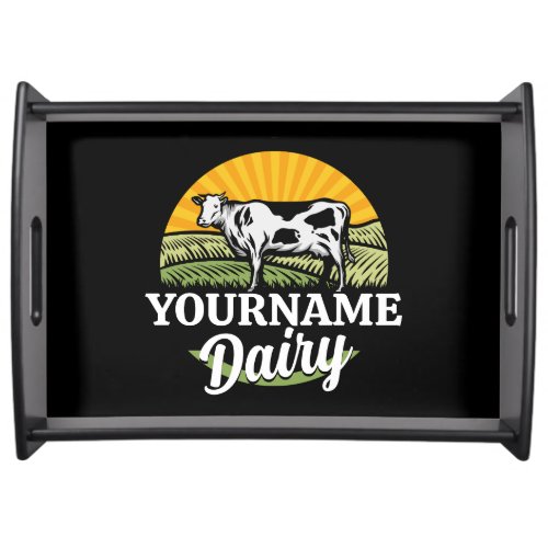 ADD NAME Sunset Dairy Farm Grazing Holstein Cow Serving Tray