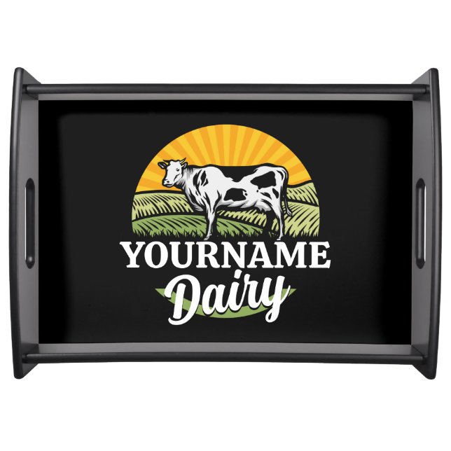 ADD NAME Sunset Dairy Farm Grazing Holstein Cow Serving Tray (Front)