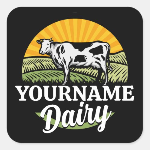 ADD NAME Sunset Dairy Farm Grazing Holstein Cow Square Sticker
