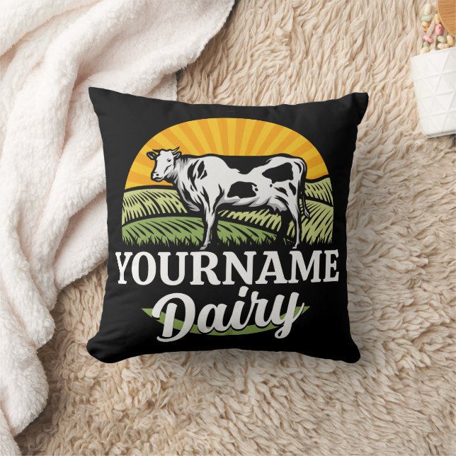 ADD NAME Sunset Dairy Farm Grazing Holstein Cow Throw Pillow (Blanket)