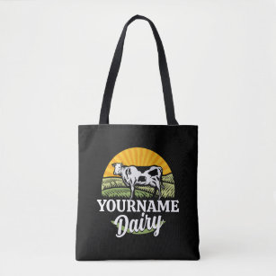 ADD NAME Sunset Dairy Farm Grazing Holstein Cow Tote Bag