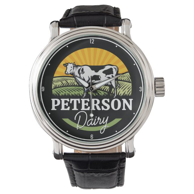ADD NAME Sunset Dairy Farm Grazing Holstein Cow Watch (Front)