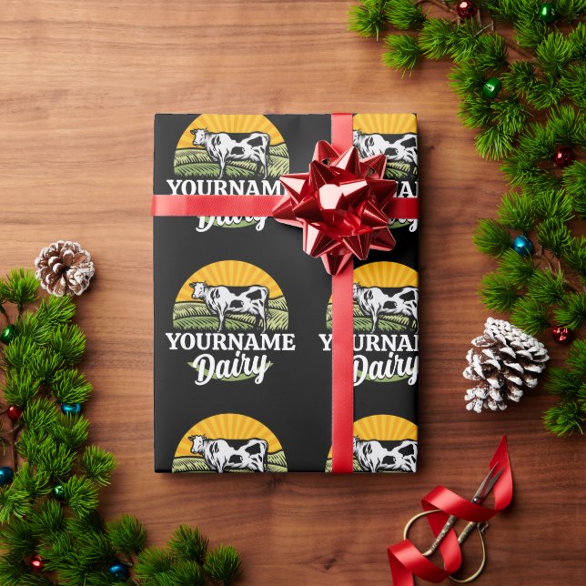 ADD NAME Sunset Dairy Farm Grazing Holstein Cow Wrapping Paper (Holiday Gift)