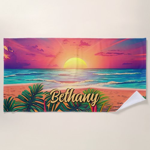 Add Name Sunset over Sea Sand Palm Trees  Beach Towel