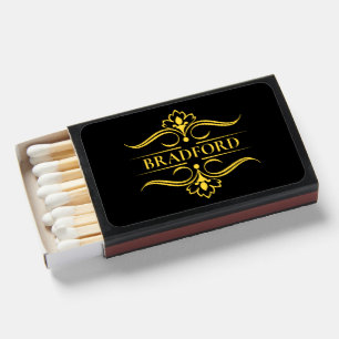 Add Name Surname Elegant Gold Frame on Black Matchboxes