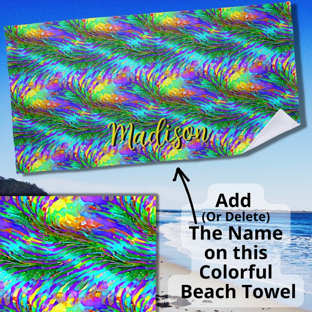 Add Name, Swirling Seaweed Green Yellow Aqua   Beach Towel (Creator Uploaded)