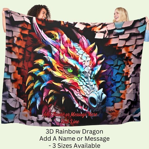 Add Name Text 3D Rainbow Dragon Cracked Wall Fleece Blanket