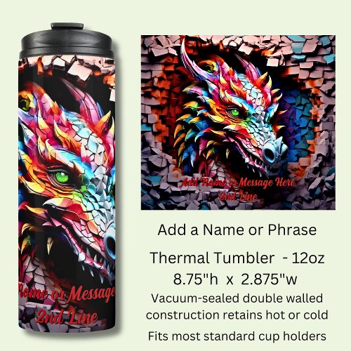 Add Name Text 3D Rainbow Dragon Cracked Wall Thermal Tumbler