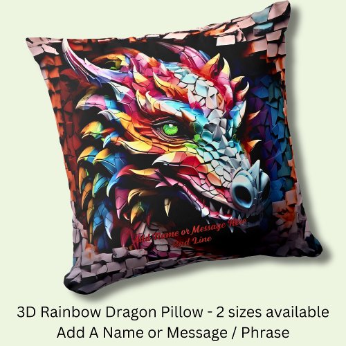 Add Name Text 3D Rainbow Dragon Cracked Wall Throw Pillow