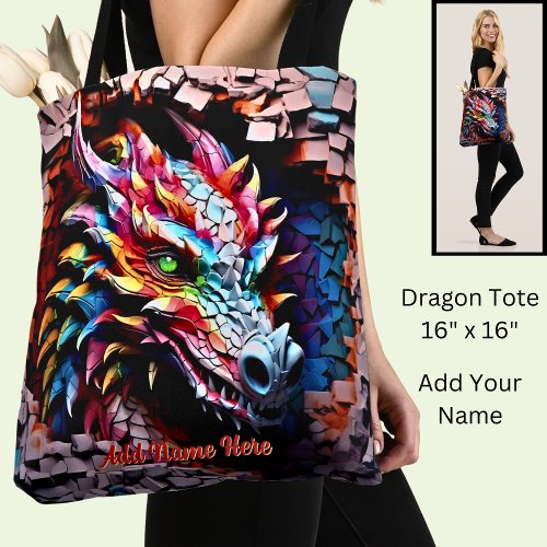 Add Name Text 3D Rainbow Dragon Cracked Wall Tote Bag