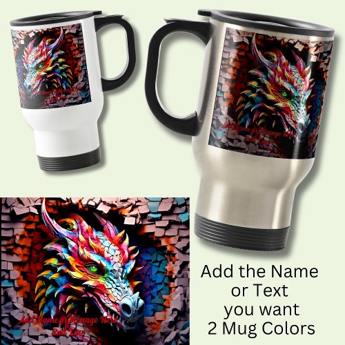 Add Name Text 3D Rainbow Dragon Cracked Wall Travel Mug