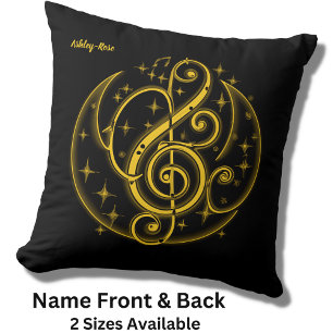 Add Name Text Abstract Golden Treble Clef on Black Throw Pillow