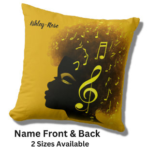 Add Name Text African American Girl with Music Throw Pillow