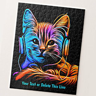 Add Name Text, Aqua Orange Neon Cat Headphones     Jigsaw Puzzle