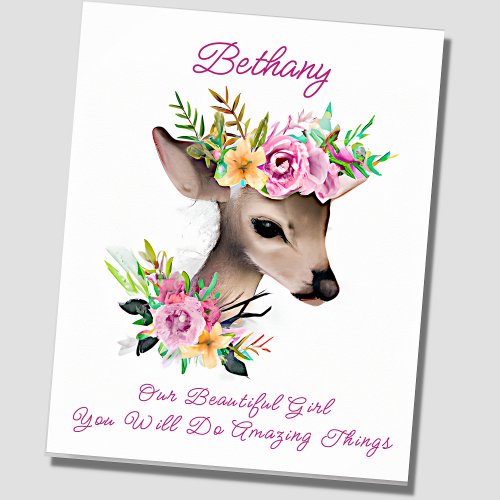 Add Name Text Baby Deer Fawn with Pink Flowers  Poster