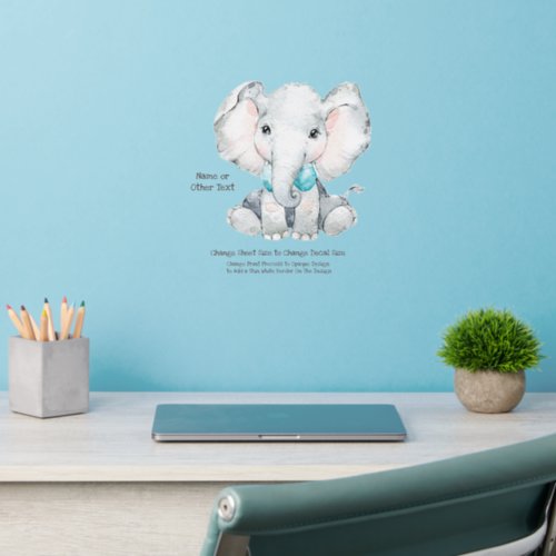 Add Name Text Baby Elephant Gray Blue Nursery  Wall Decal