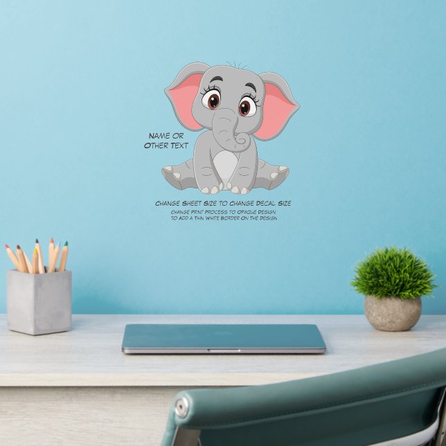 Add Name Text, Baby Elephant Gray Pink Nursery Wall Decal (Home Office 2)