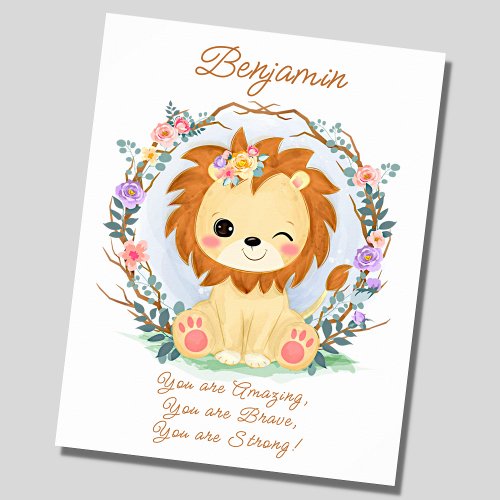 Add Name Text Baby Lion  Flowers Nursery         Poster