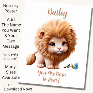 Add Name Text, Baby Lion with Blue Flower Poster