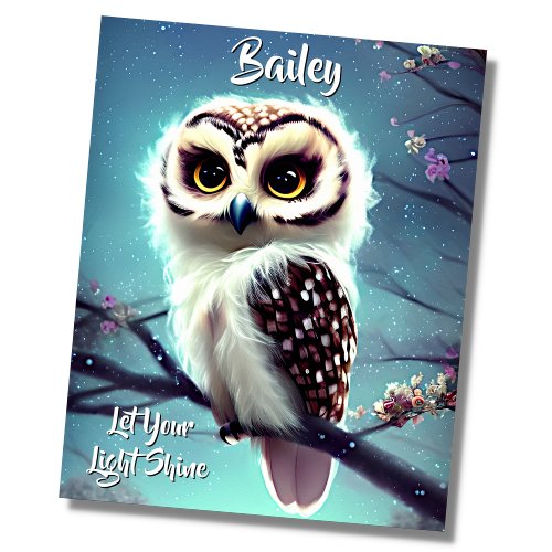 Add Name Text Baby Owl Glowing in the Tree Blue Poster