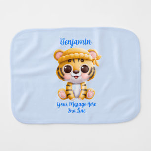 Add Name Text, Baby Tiger with Hat on Blue Baby Burp Cloth